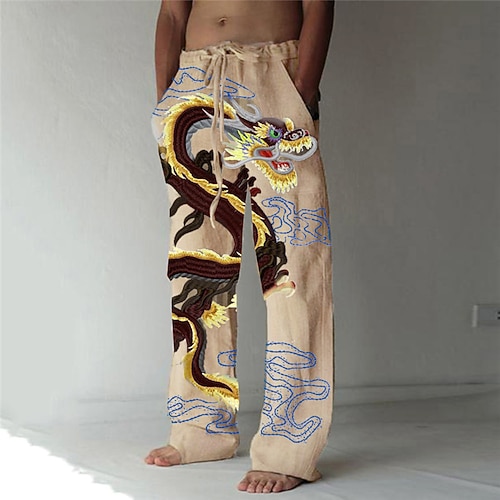 

Men's Trousers Beach Pants 3D Print Elastic Drawstring Design Front Pocket Dragon Graphic Prints Comfort Soft Casual Daily Fashion Big and Tall Green Khaki