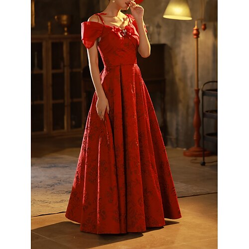 

Linea-A Abiti da ballo Elegante Vestito Fidanzamento Lungo Manica corta Senza spalline Raso con Fiocco (fiocchi) Con ruche Dettagli con cristalli 2023