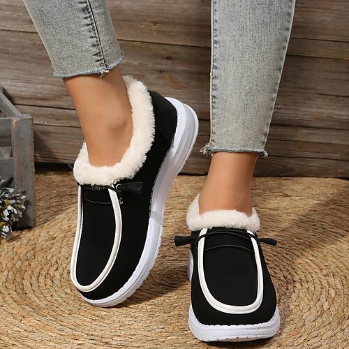 

Women's Slip-Ons Daily Comfort Shoes Plus Size Fur Trim Wedge Heel Round Toe Casual Synthetics Loafer Solid Colored Black