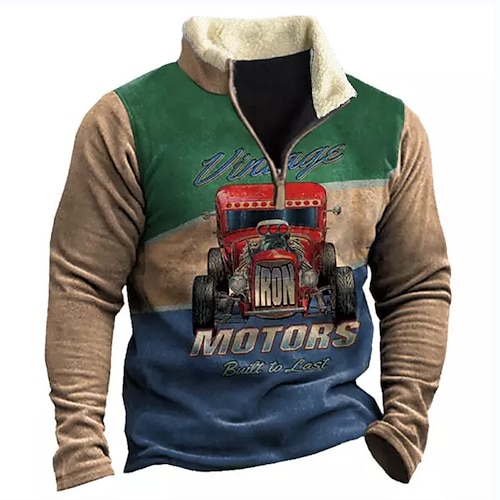 

Men's Zip Up Sweatshirt Pullover Green Blue Yellow Brown Gray Half Zip Color Block Car Graphic Prints Zipper Print Daily Sports Going out 3D Print Basic Casual Thin fleece Winter Clothing Apparel