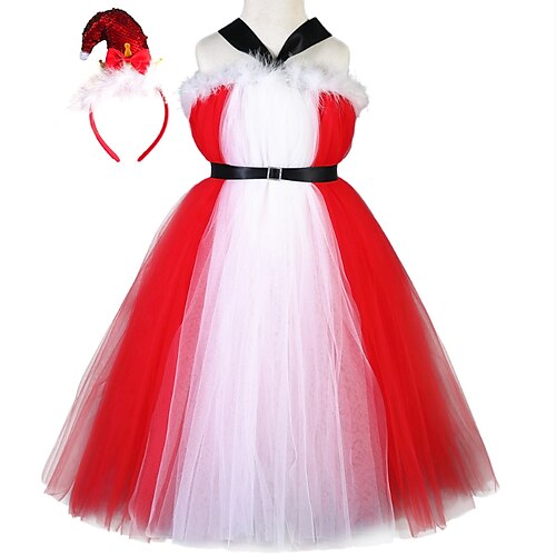 

Toddler Girls' Christmas Party Dress Solid Color Party Dress Dress Performance Crew Neck Sleeveless Active Dress 3-7 Years Winter Red White
