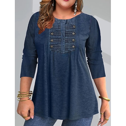 

Women's Plus Size Tops Blouse Solid Color Long Sleeve Crew Neck Modern Vacation Weekend Polyester Winter Fall Blue