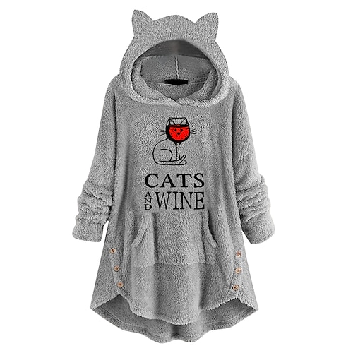 

Women's Cat Ear Fleece Hoodie Tops Sweatshirt Plain Button Pocket Long Sleeve Hooded Casual Teddy Home Daily Winter Fall Windproof Warm