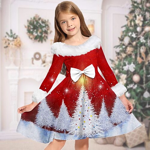 

Kids Girls' Christmas Dress Christmas Tree Casual Dress Above Knee Dress Christmas Gifts Fur Trim Crew Neck Long Sleeve Adorable Dress 2-13 Years Winter Wine