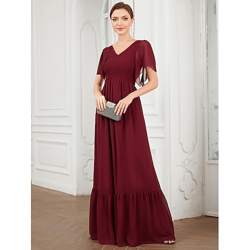 

A-Line Prom Dresses Elegant Dress Party Wear Floor Length Short Sleeve V Neck Chiffon with Pleats 2022