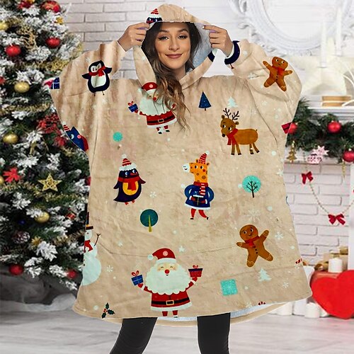 

Women's Couple's Christmas Pjs Nightgown Wearable Blanket Winter Hoodie Blanket Fruit Santa Claus Comfort Oversized Plush Home Bed Fleece Warm Hoodie Long Sleeve Pocket Fall Blue Orange / Flannel