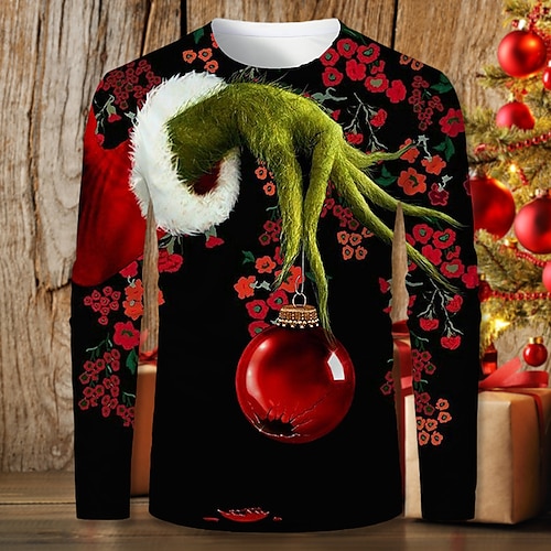 

Men's T shirt Tee Shirt Graphic 3D Round Neck Black / Red 3D Print Christmas Daily Long Sleeve Print Clothing Apparel Rude Christmas