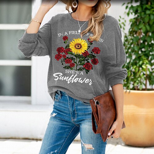 

Women's Sweatshirt Pullover Basic Dark Gray Red Gray Floral Street Round Neck Long Sleeve S M L XL 2XL 3XL