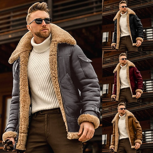 

Men's Shearling Coat Winter Jacket Sherpa jacket Winter Coat Windproof Warm Business Causal Daily Zipper Jacket Outerwear Wine Red Brown Coffee