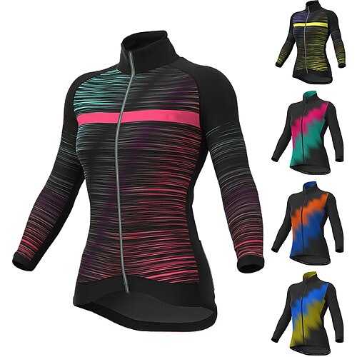 

21Grams Women's Cycling Jersey Long Sleeve Bike Jersey Top with 3 Rear Pockets Mountain Bike MTB Road Bike Cycling Breathable Quick Dry Moisture Wicking Reflective Strips Green Yellow Blue Stripes