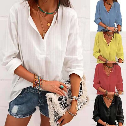 

Women's Blouse Shirt Patchwork Stripes Basic Classic V Neck Regular Spring & Fall Green Black Blue Red White