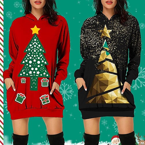 

Women's Christmas Hoodie Dress Winter Dress Green Fuchsia Red Navy Blue Long Sleeve Elk Snowman Snowflake Pocket Print Winter Fall Hooded Stylish Casual Fall Dress Loose Fit 2022 S M L XL 2XL 3XL