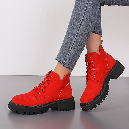 

Women's Boots Daily Combat Boots Plus Size Booties Ankle Boots Winter Chunky Heel Round Toe Casual PU Leather Lace-up Dark Blue Red