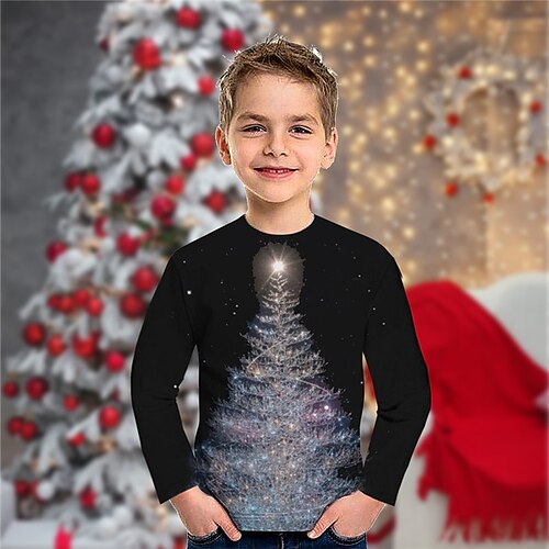 

Kids Boys Christmas T shirt Tee Christmas Tree Long Sleeve Crewneck Children Top Casual 3D Print Daily Winter Fall Black 3-12 Years