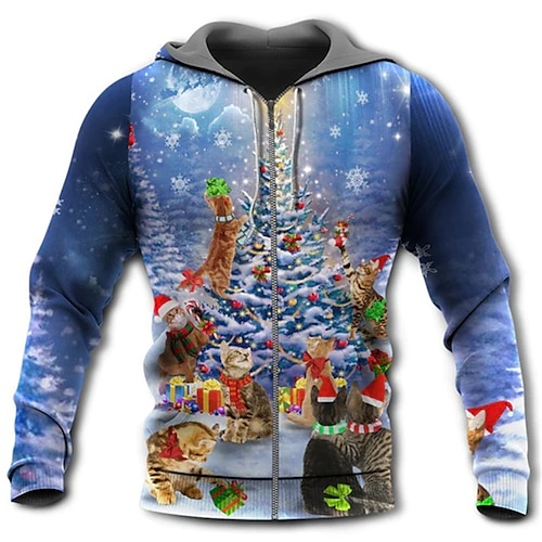 

Men's Full Zip Hoodie Jacket Blue Hooded Cat Graphic Prints Ugly Christmas Zipper Print Sports Outdoor Daily Sports 3D Print Streetwear Designer Casual Spring Fall Clothing Apparel Hoodies