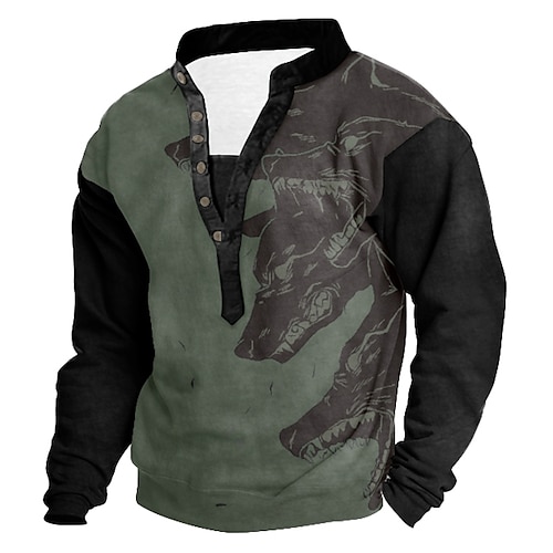 

Men's Sweatshirt Green Standing Collar Henley Graphic Prints 3D Print Casual 3D Print 3D Print Casual Spring Fall & Winter Clothing Apparel Hoodies Sweatshirts