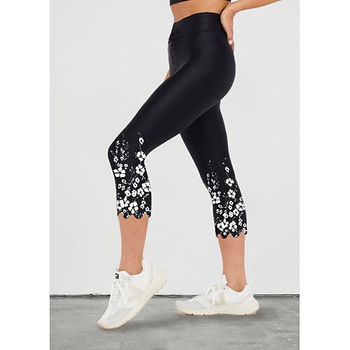 

Women's Capri Leggings Floral Design High Waist Workout Pants Bottoms Tummy Control Butt Lift Quick Dry Botanical Graphic White Black Black Combo Yoga Fitness Gym Sports Activewear Stretchy Skinny
