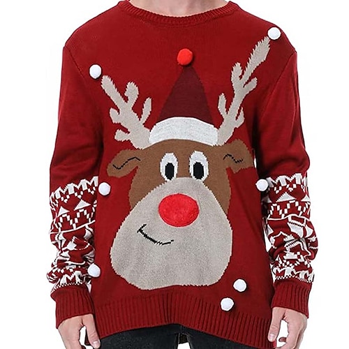 

Men's Sweater Ugly Christmas Sweater Pullover Sweater Jumper Ribbed Knit Cropped Knitted Deer Crew Neck Keep Warm Modern Contemporary Christmas Work Clothing Apparel Fall & Winter Red S M L