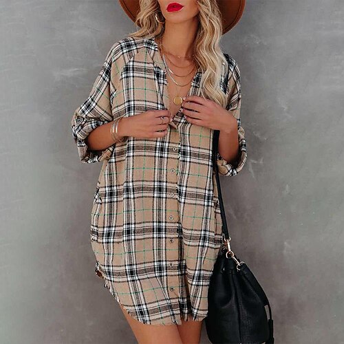 

2022 autumn european and american new plaid print v-neck long-sleeved shirt dress