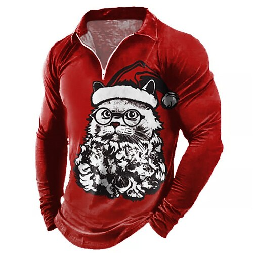 

Men's Polo Shirt Golf Shirt Animal Cat Graphic Prints Turndown Green Wine 3D Print Outdoor Christmas Long Sleeve Zipper Print Clothing Apparel Fashion Designer Casual Soft