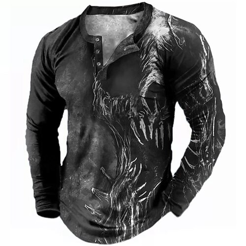 

Men's Henley Shirt T shirt Tee Tee Graphic Ghost Henley Green Black Blue Purple Brown 3D Print Outdoor Daily Long Sleeve Button-Down Print Clothing Apparel Basic Designer Casual Classic