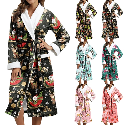 

Women's Christmas Pajamas Robes Gown Bathrobes Pjs Dog Fruit Warm Comfort Soft Home Christmas Vacation Flannel Lapel Long Sleeve Pocket Winter Fall Light Pink Green