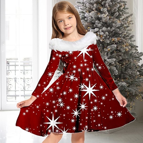 

Kids Girls' Christmas Dress Star Casual Dress Above Knee Dress Christmas Gifts Fur Trim Long Sleeve Adorable Dress 2-13 Years Winter Black Blue Gold