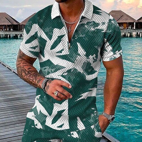 

Men's Polo Shirt Golf Shirt Color Block Graphic Prints Turndown Green 3D Print Outdoor Street Short Sleeves Zipper Print Clothing Apparel Fashion Designer Casual Breathable