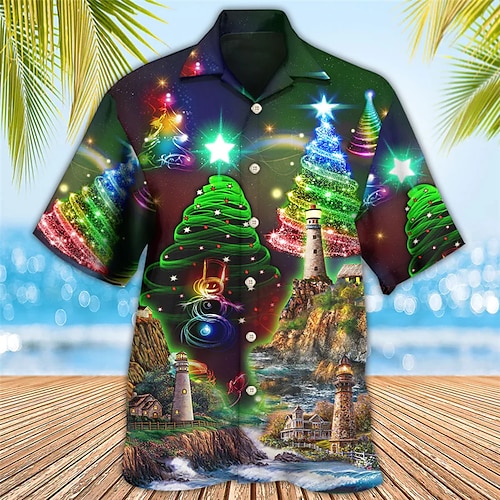 

Men's Shirt Tree Graphic Prints Turndown Green 3D Print Christmas Street Short Sleeve Button-Down Print Clothing Apparel Fashion Designer Casual Breathable