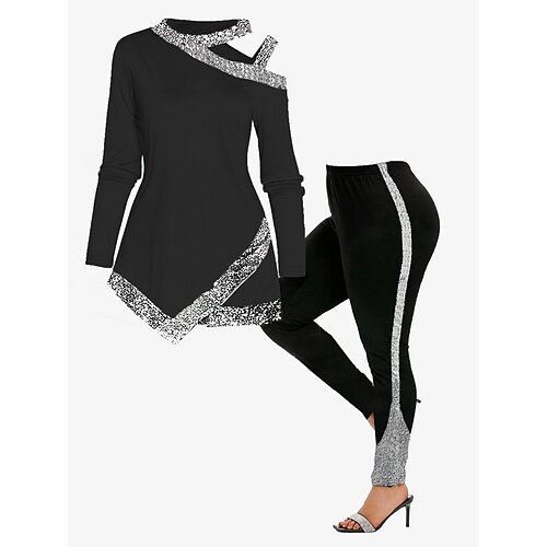 

Women's Plus Size Tops Set Color Gradient Cut Out Print Long Sleeve Crew Neck Casual Daily Going out Polyester Winter Fall Black Gray