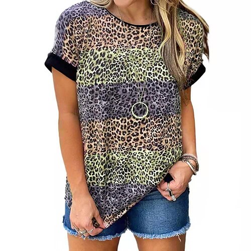 

Women's T shirt Tee claret Blue Purple Leopard Print Short Sleeve Daily Weekend Basic Round Neck Regular Painting S