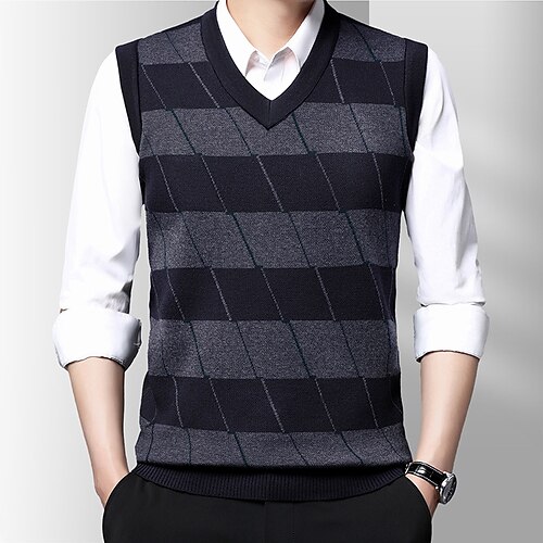 

Men's Sweater Sweater Vest Pullover Sweater Jumper Ribbed Knit Knitted Color Block V Neck Casual Daily Modern Contemporary Work Daily Wear Clothing Apparel Sleeveless Spring & Fall Khaki Dark Navy M