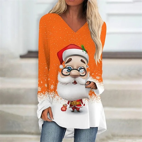 

Women's Casual Dress T Shirt Dress Tee Dress Mini Dress Khaki Orange Light Blue Long Sleeve Santa Claus Print Winter Fall Autumn V Neck Christmas Daily Weekend 2022 S M L XL XXL 3XL 4XL 5XL