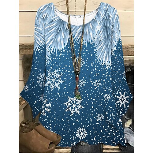 

Women's Plus Size Christmas Tops Blouse Shirt Snowflake Print Long Sleeve Casual Holiday Daily Polyester Winter Fall Blue