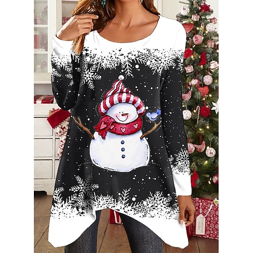 

Women's T shirt Tee Black Snowman Flowing tunic Print Long Sleeve Christmas Weekend Basic Round Neck Long Painting S
