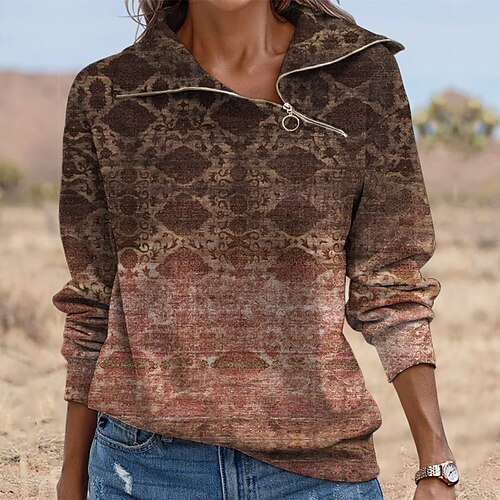 

Women's Sweatshirt Pullover Basic Zipper Brown Geometric Street V Neck Long Sleeve S M L XL 2XL 3XL