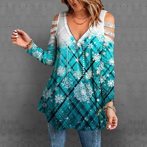 

Women's Blouse Shirt Green Blue Pink Plaid Snowflake Cut Out Flowing tunic Long Sleeve Christmas Weekend Basic V Neck Regular S