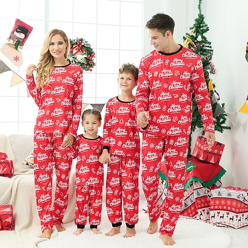 

Christmas Pajamas Family Graphic Letter Home Blue Red Long Sleeve Basic Matching Outfits