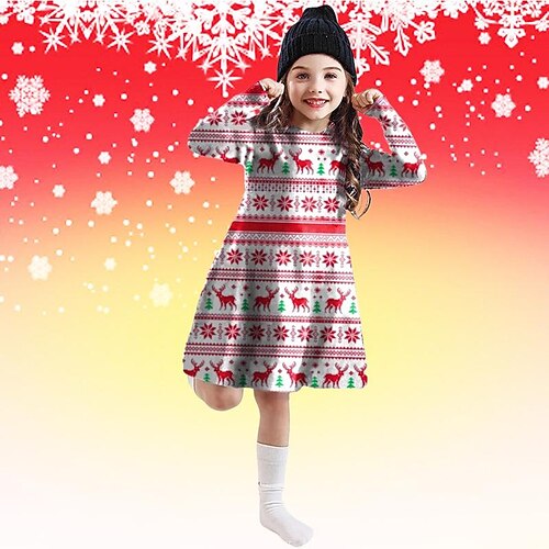 

Kids Girls' Christmas Dress Santa Claus A Line Dress Above Knee Dress Casual Crew Neck Long Sleeve Fashion Dress 2-13 Years Winter DIY clothing is non-refundable Green Black