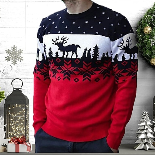 

Men's Sweater Ugly Sweater Pullover Ribbed Knit Cropped Knitted Elk Crew Neck Keep Warm Modern Contemporary Christmas Work Clothing Apparel Fall & Winter Black Red S M L