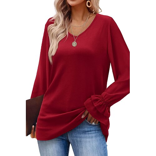 

2022 amazon wish autumn and winter new european and american women's horn-sleeved long-sleeved solid color t-shirt tops