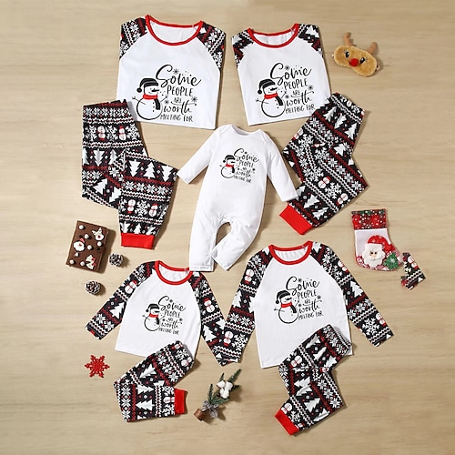 

Christmas Pajamas Ugly Family Set Letter Snowman Snowflake Home White Long Sleeve Mom Dad and Me Mom Dad and Me Basic Matching Outfits