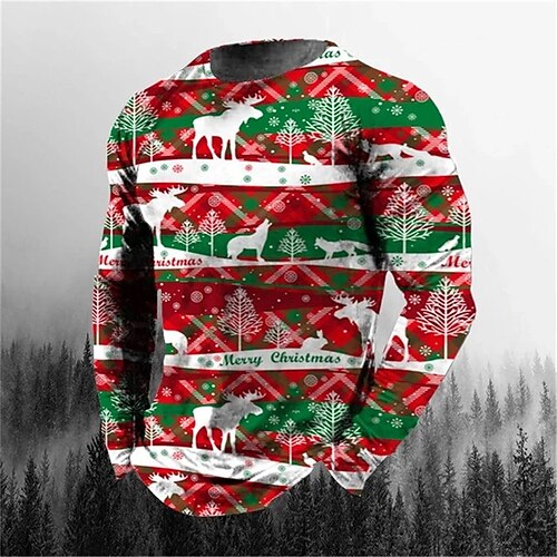 

Men's T shirt Tee Elk Graphic Prints Crew Neck Green / Red Black Red 3D Print Daily Sports Long Sleeve Print Clothing Apparel Basic Streetwear Designer Casual