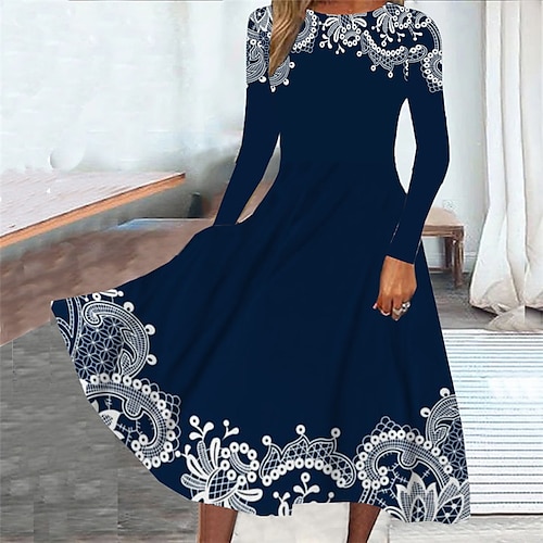 

Mulheres Vestido casual Vestido Swing Vestido midi Azul Marinha Manga Longa Floral Bolsos Inverno Outono Primavera Gola Redonda Moda Diário Final de semana 2023 S M L XL XXL 3XL