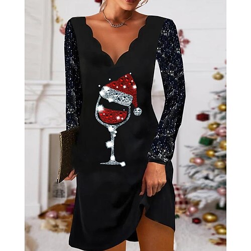 

Women's Casual Dress Sheath Dress Mini Dress Black Long Sleeve Letter Print Winter Fall Autumn V Neck Modern Christmas Weekend 2022 S M L XL XXL 3XL