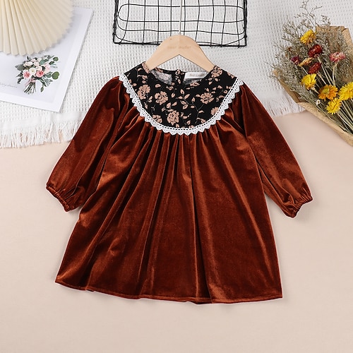 

Kids Girls' Dress Floral Dress Party Crew Neck Long Sleeve Cute Dress 3-7 Years Fall Brown