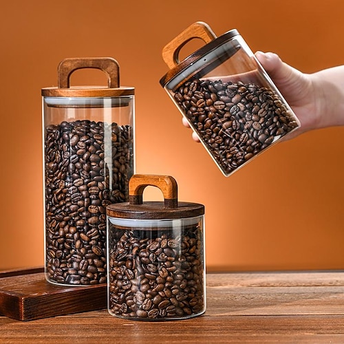 

American handle wooden cover glass storage moisture-proof cans snack coffee bean storage box tea sealed storage tank wholesale