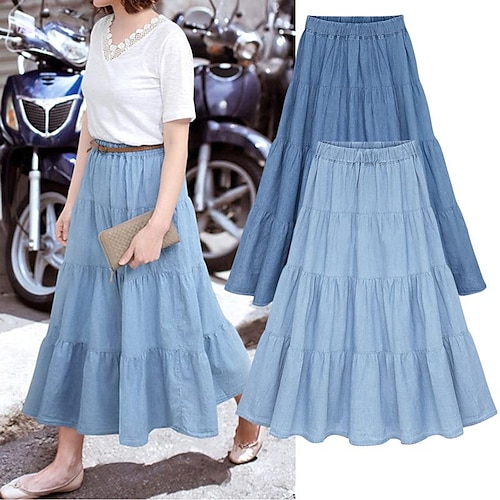 

Women's A Line Midi Cotton Blue Light Blue Skirts Ruched Patchwork Casual Vacation M L XL