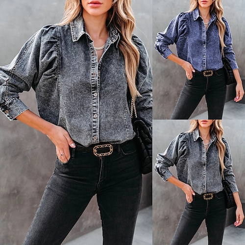 

Women's Shacket Black Blue Plain Button Long Sleeve Casual Daily Basic Shirt Collar Regular Denim S