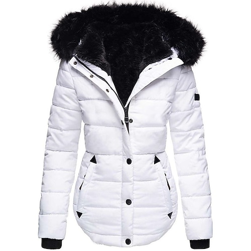 

Women's Puffer Jacket Winter Jacket Winter Coat Warm Comfortable Casual Going out Zipper Button Pocket Fur Collar Zipper Hoodie Sports & Outdoors Street Style Solid Color Regular Fit Outerwear Long